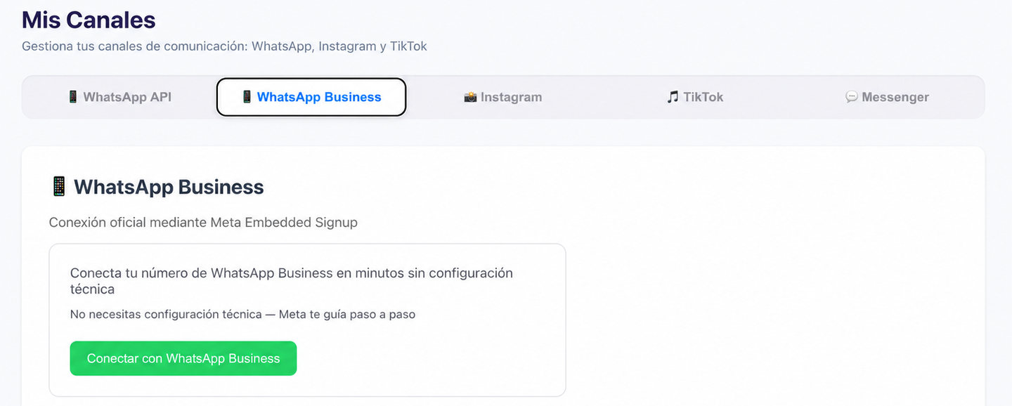 Pantalla de conexión de canales en PUX con WhatsApp, Instagram, Messenger y TikTok