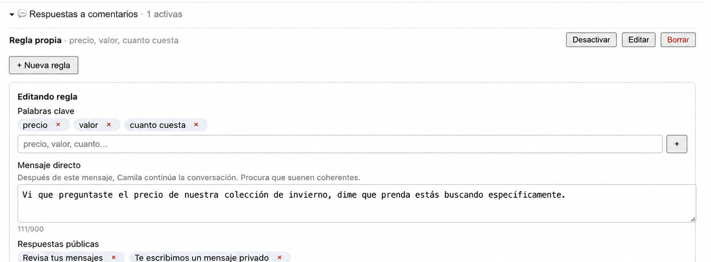 Regla de respuesta a comentarios en PUX: las palabras clave que la activan, el mensaje directo que se envía y las respuestas públicas