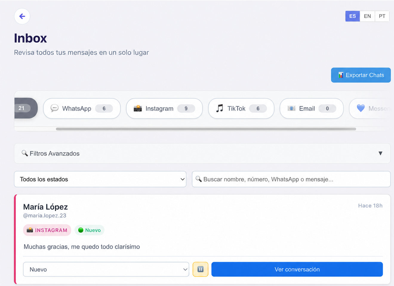 Inbox unificado de PUX con conversaciones de WhatsApp, Instagram, Messenger y TikTok